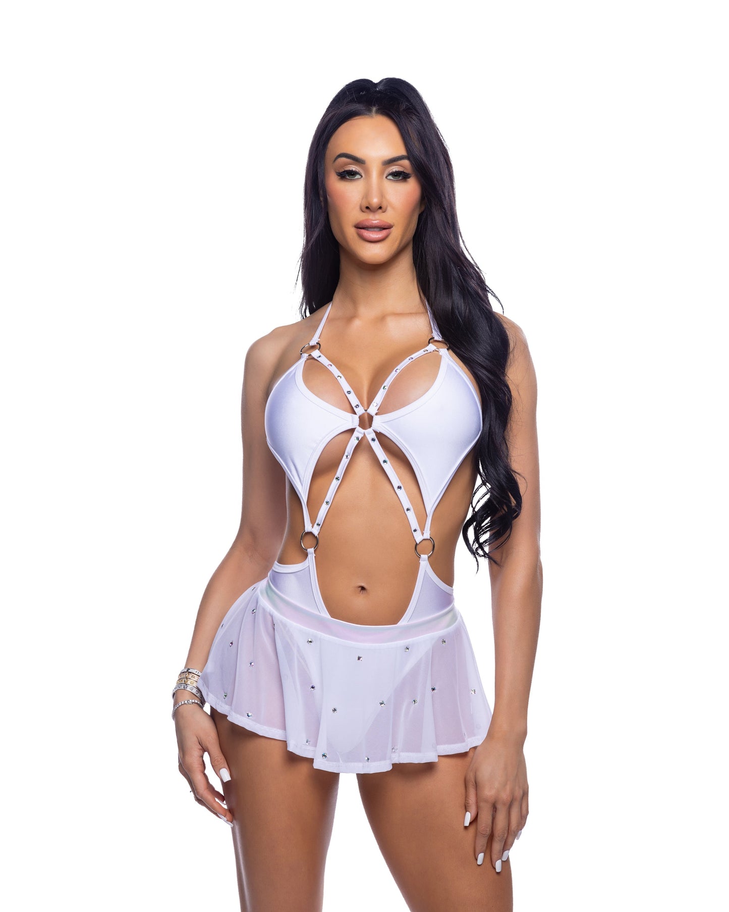 Black Bedazzled Mesh Mini Skirt with Rhinestone Detail in rhinestone for rave looks