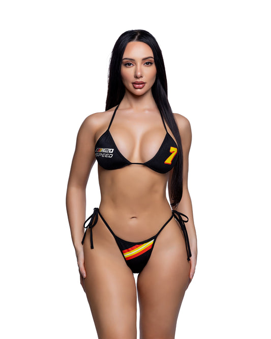 Black Racer Print Tie Side Bikini Set in spandex for rave looks