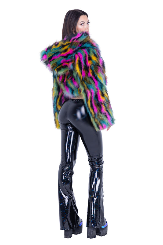 Multi Rainbow Cropped Hooded Fur Jacket
