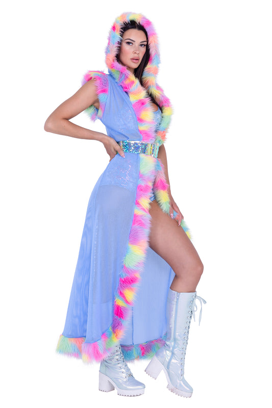Baby Blue & Neon Rainbow Fur Trimmed Hooded Duster