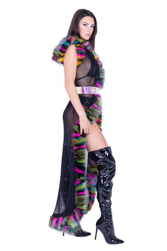 Black Rainbow Fur Trimmed Hooded Duster