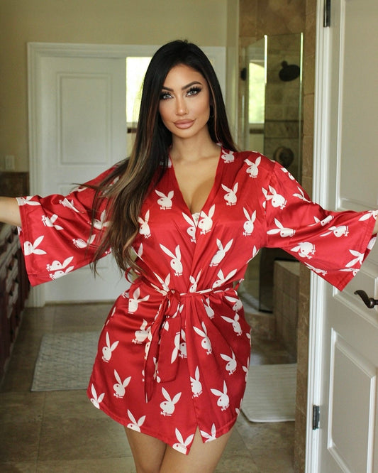 Black/White Playboy Chill Bunny Robe in satin for rave looks