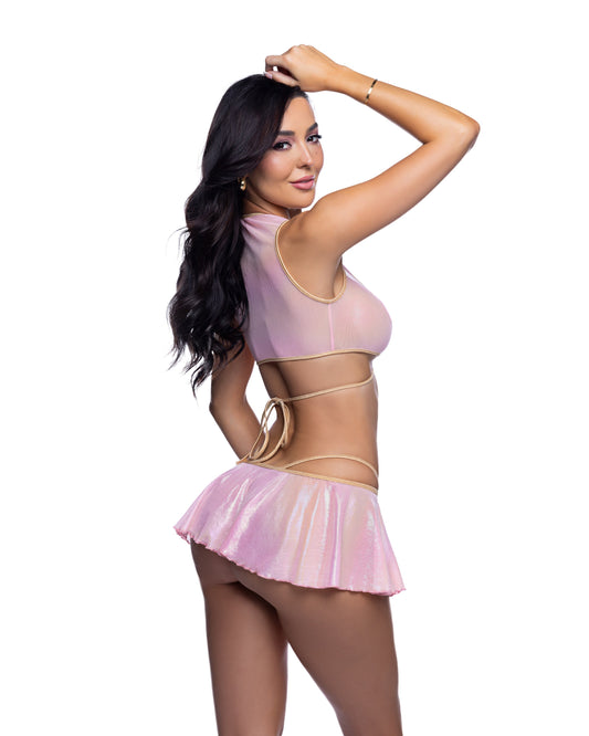Baby Pink Heart Cutout Wrap Top & Skirt Set in mesh for rave looks