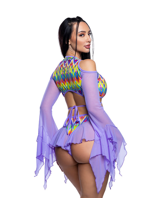Neon Multi/Lavender Flow Rave Top Cutout Top in mesh for rave looks