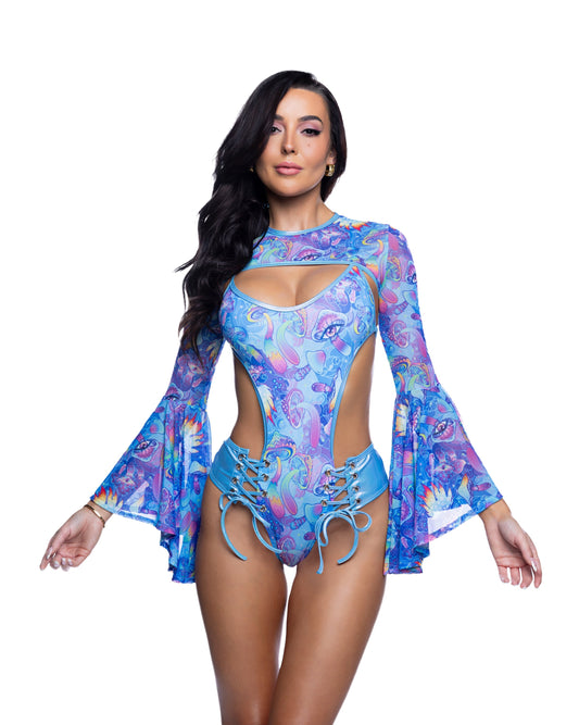Mushroom Psychedelic Print Bell Sleeve Rave Shrug in mesh for rave looks