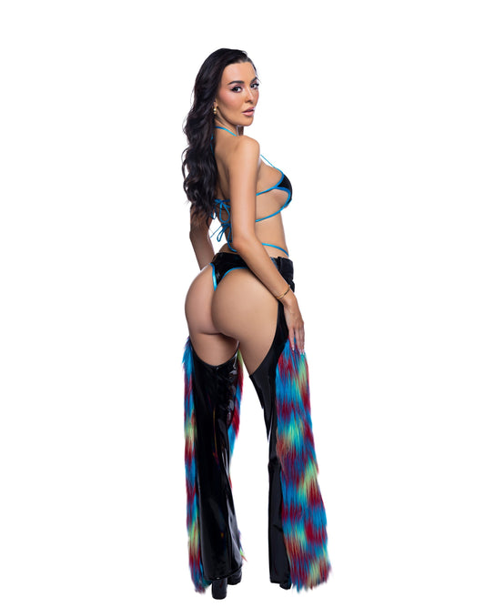 Black/Twisted Parrot PVC & Rainbow Faux Fur Belted Festival Chaps in faux fur for rave looks