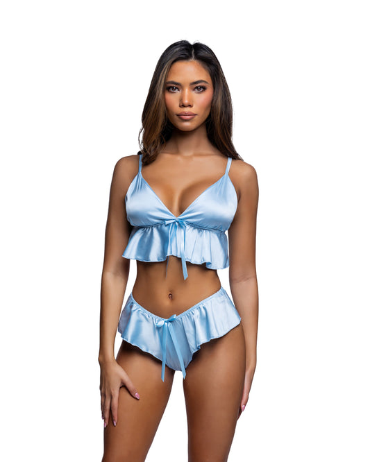 Light Blue Satin Ruffle Lingerie Set in satin for rave looks