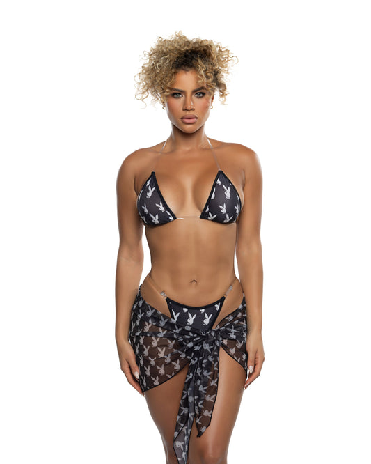 Black/White Playboy 3pc Splash Bunny Bikini in spandex for rave looks