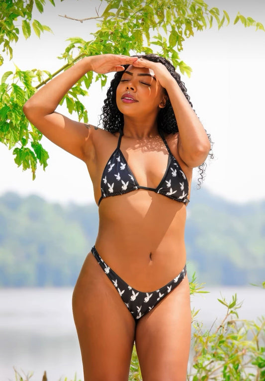 Black/White Aqua Bunny 2-PC Bikini Set in spandex for rave looks