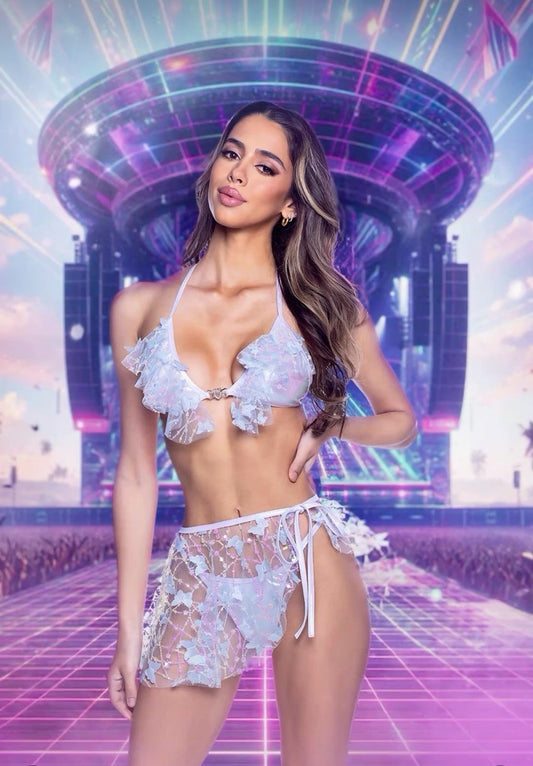 Baby Blue/White Butterfly & Sequin Tie Skirt in sequin for rave looks