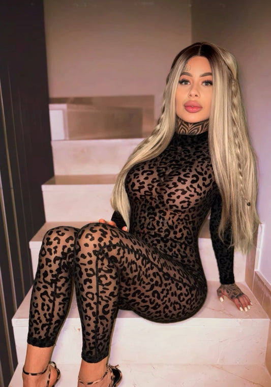 Black Fierce Elegance Velvet Leopard Bodysuit in velvet for rave looks