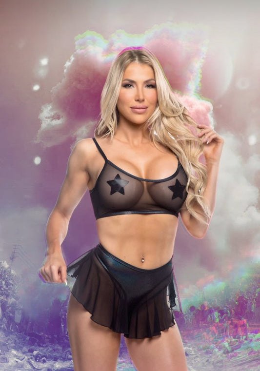 Black Mesh Mesh/Fishnet Flutter Short in fishnet for rave looks