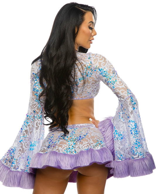 Pearly Pink Sequin Faux Fur Trimmed Wrap Top in faux fur for rave looks