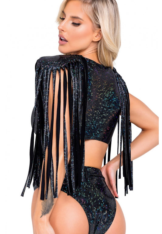 Black Shimmer Crop Top With Fringe Detail - raveready