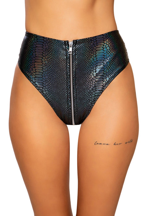 Black Snake Skin High-Waist Shorts With Zipper