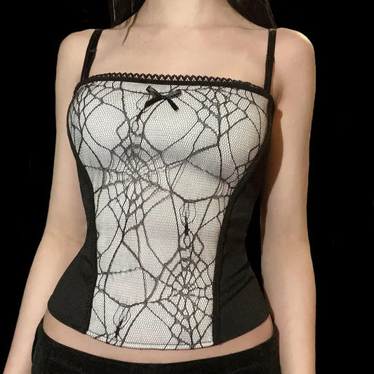 Gothic spider lace cami top with pink spiderweb overlay and bow detail for alt and clubcore looks
