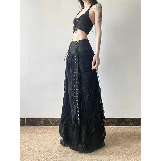 Black Harajuku lace bow A-line maxi skirt with cascading lace and ribbon detail for fairycore and alt looks