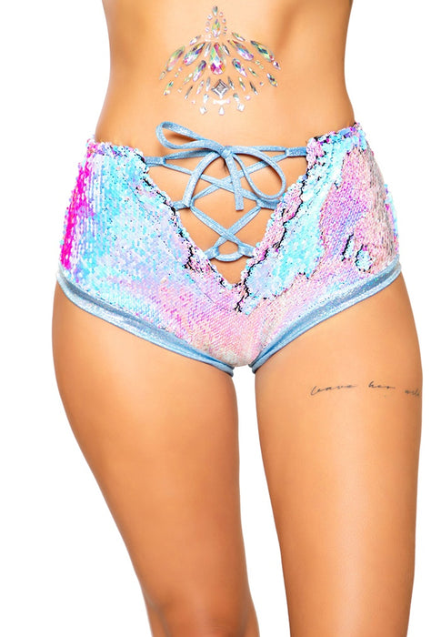 Holographic Two-Tone Sequin High-Waisted Lace-Up Shorts