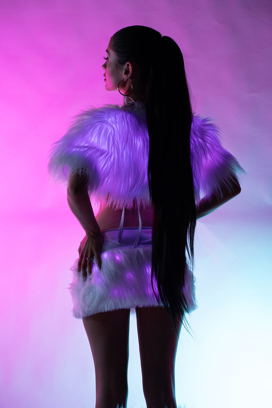 White/White Lights Light-Up Faux Fur Shrug in faux fur for rave looks