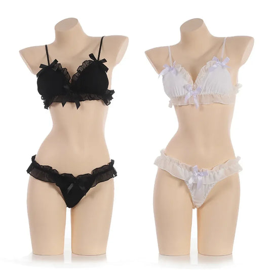 Lace ruffle maid lingerie set with satin bows and garter details in black and white