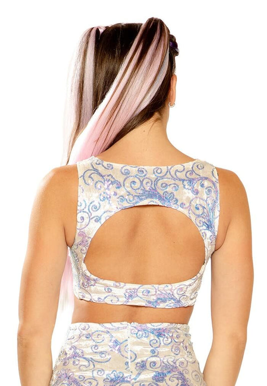 White Prism Sequin Velvet Keyhole Top - raveready