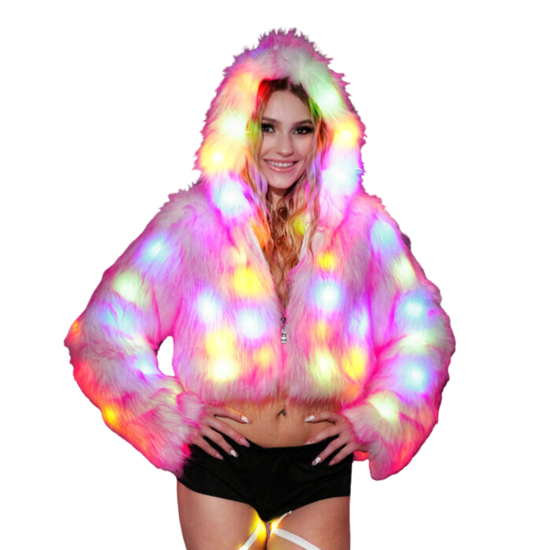 Pink Cropped LED Light-Up Faux Fur Coat