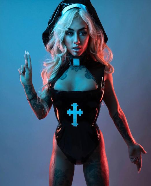 Black/White 2pc Misbeheaven Nun Costume in vinyl for rave looks