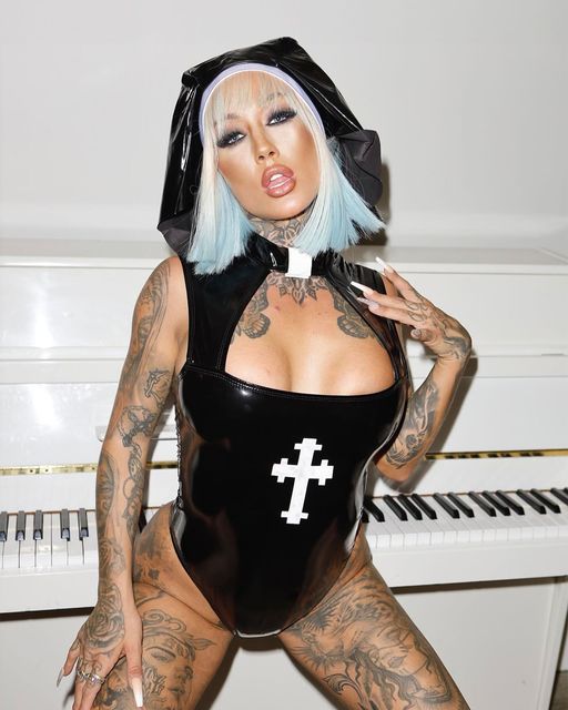 Black/White 2pc Misbeheaven Nun Costume in vinyl for rave looks