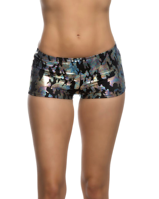Black/Grey 1pc Low Rise Iridescent Camouflage Shorts in holographic for rave looks