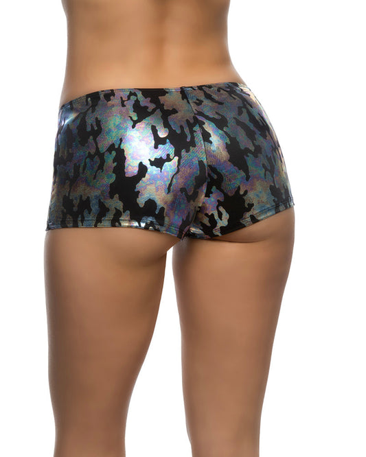 Black/Grey 1pc Low Rise Iridescent Camouflage Shorts in holographic for rave looks