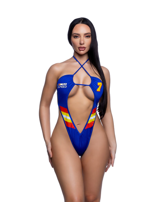 Royal Blue Racer Print Deep Plunge 1PC Festival Bodysuit in spandex for rave looks