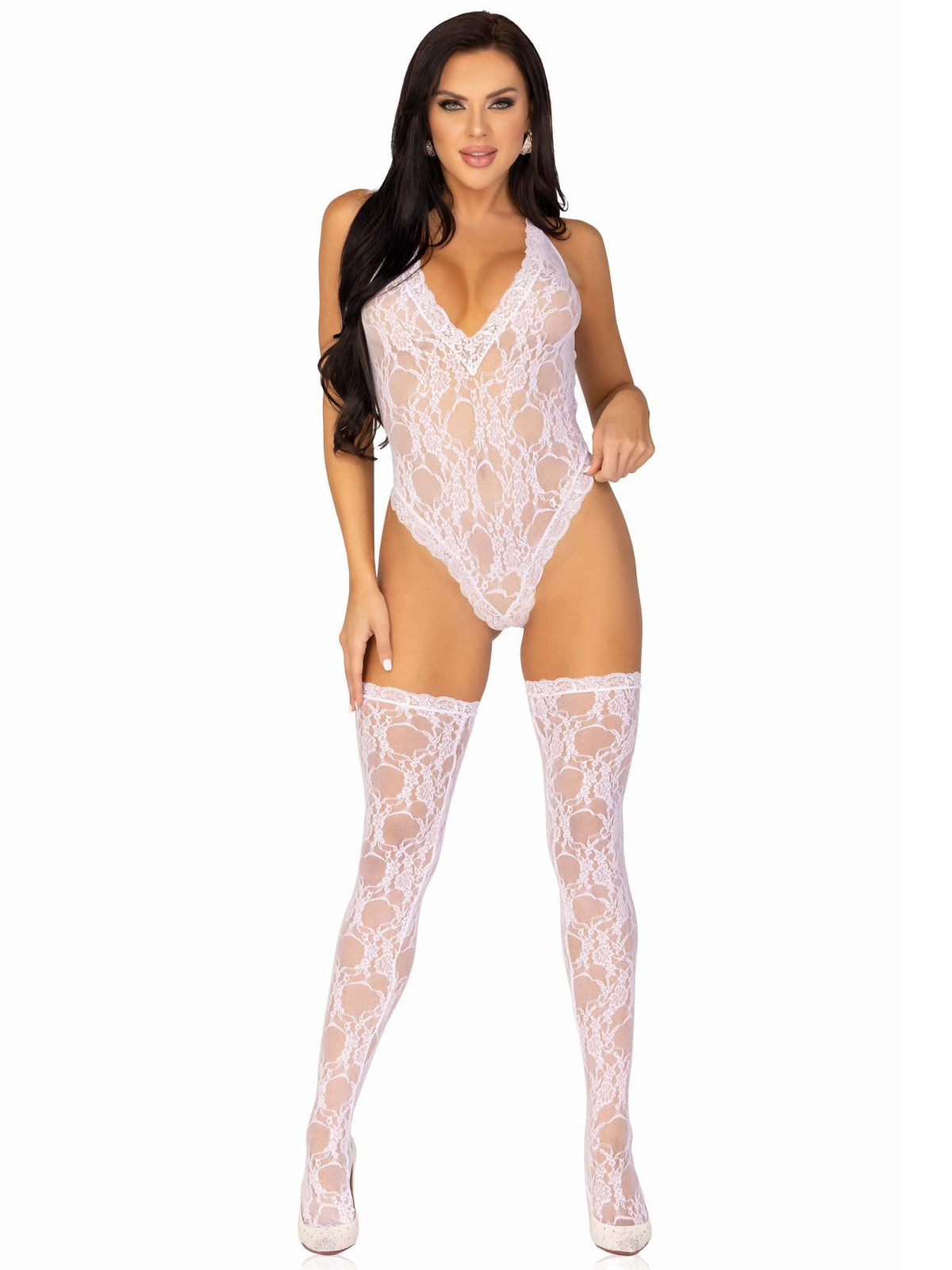 Sweet Romance Lace Teddy & Stockings Set