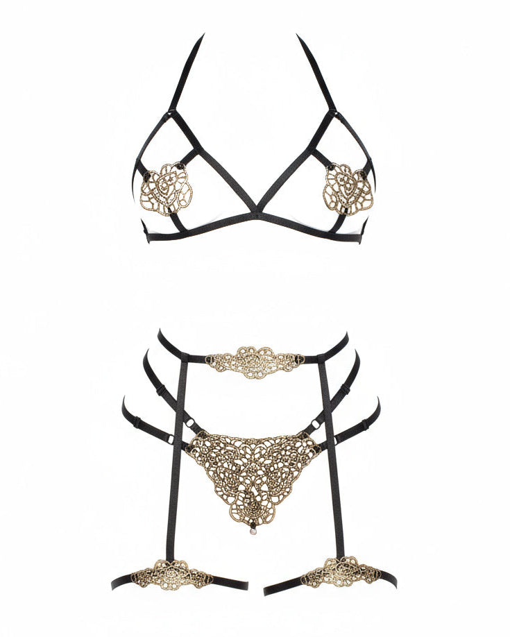 DM After Dark Applique Bra and Panty Set