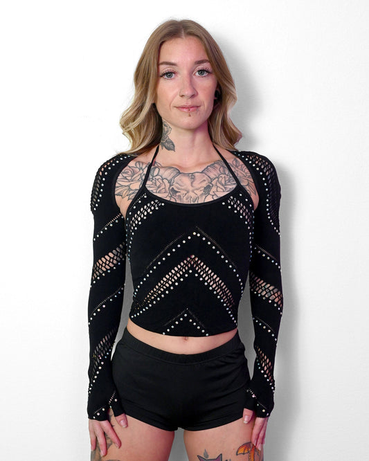 Two-piece black halter top with matching bolero and iridescent rhinestones