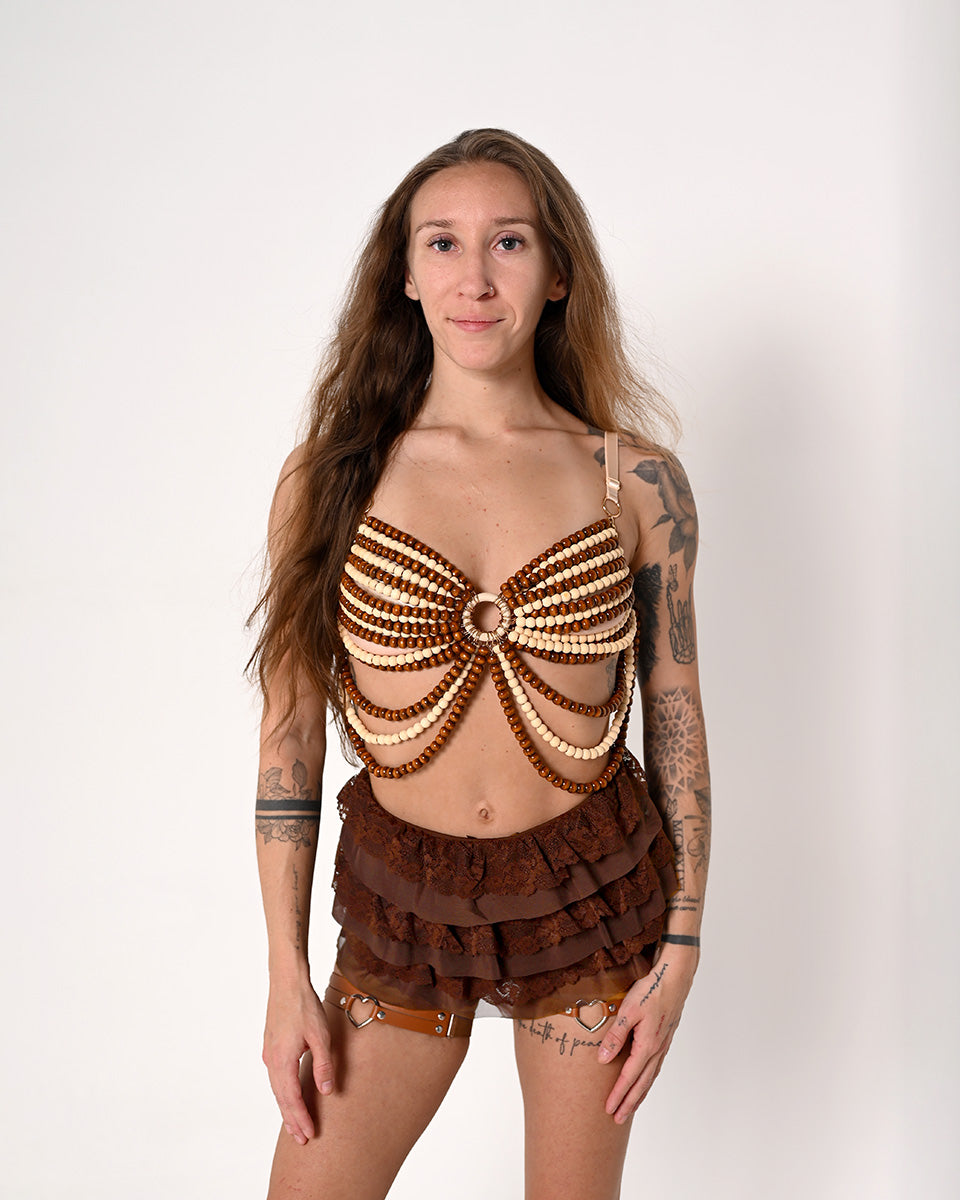 Brown Cream Wooden Bead Bralette
