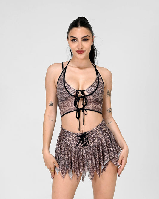 Sheer leopard-print mesh crop top with 3-tier tie front over matching spandex