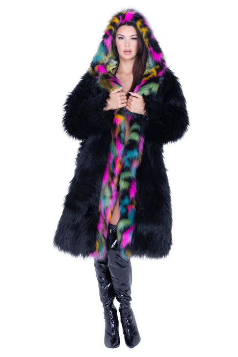 Black Rainbow Mid-Length Hooded Fur Coat