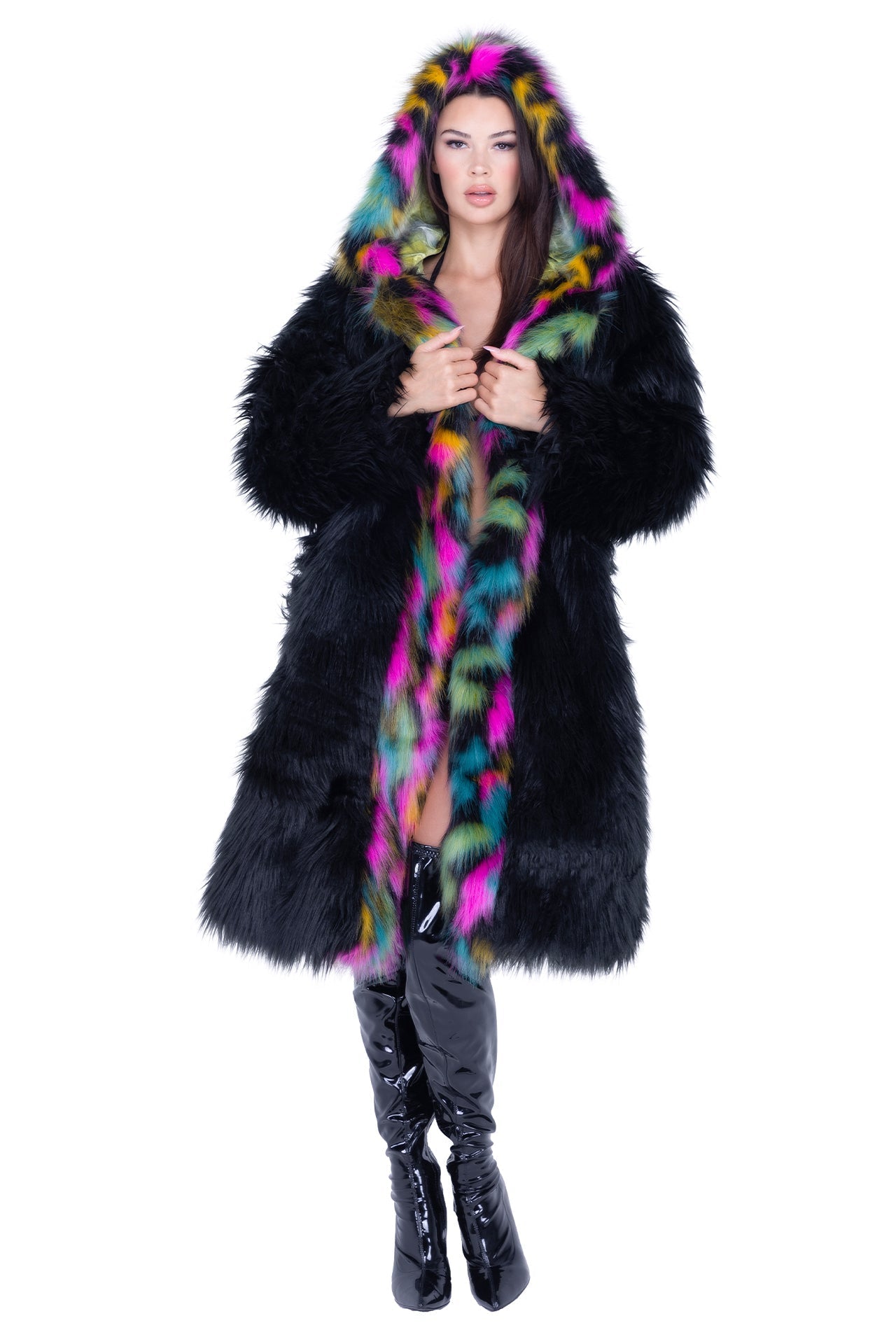 Faux Fur Mid-Length Hooded Rave Coat