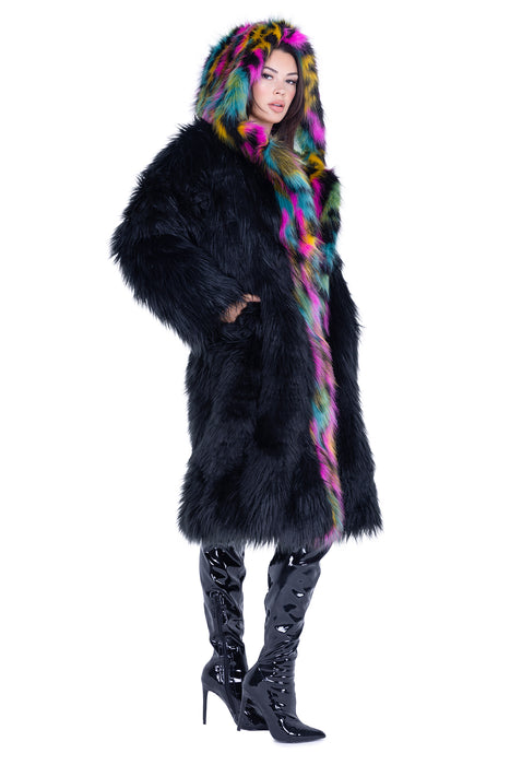 Black Rainbow Mid-Length Hooded Fur Coat