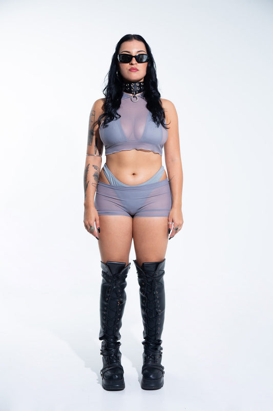 Gray Mesh Hooded Crop Tank