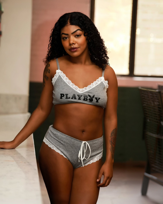 Black Playboy Comfy Bunny 2pc Cropped Cami Set in lace for rave looks