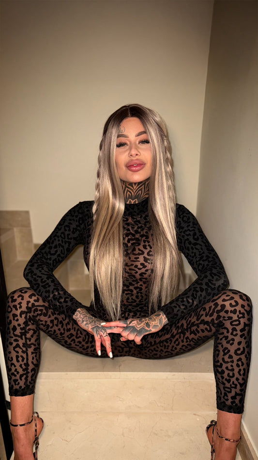 Black Fierce Elegance Velvet Leopard Bodysuit in velvet for rave looks