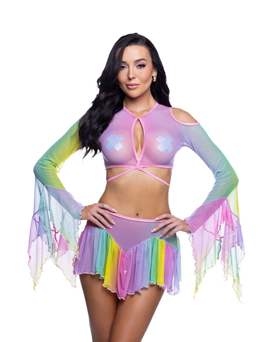 Rainbow Rainbow Mesh Flow Top & Skirt Set in mesh for rave looks