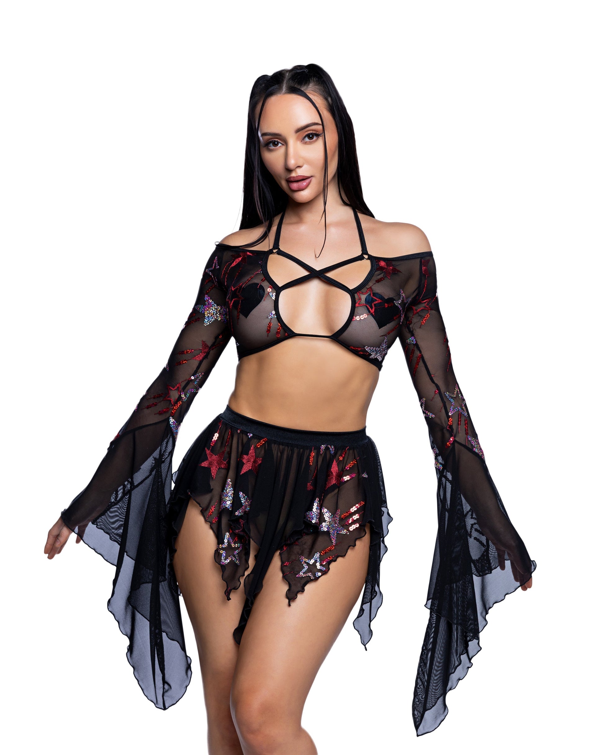 Baby Blue Sequin Butterfly Top & Skirt Set in sequin for rave looks