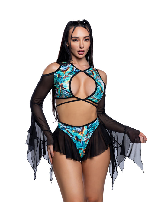 Baby Pink Butterfly Flow Top Bell Sleeve in mesh for rave looks