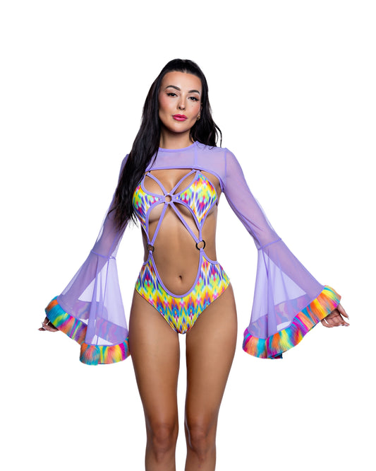 Lavender/Melted Crayon Faux Fur Trim Mesh Rave Shrug in faux fur for rave looks