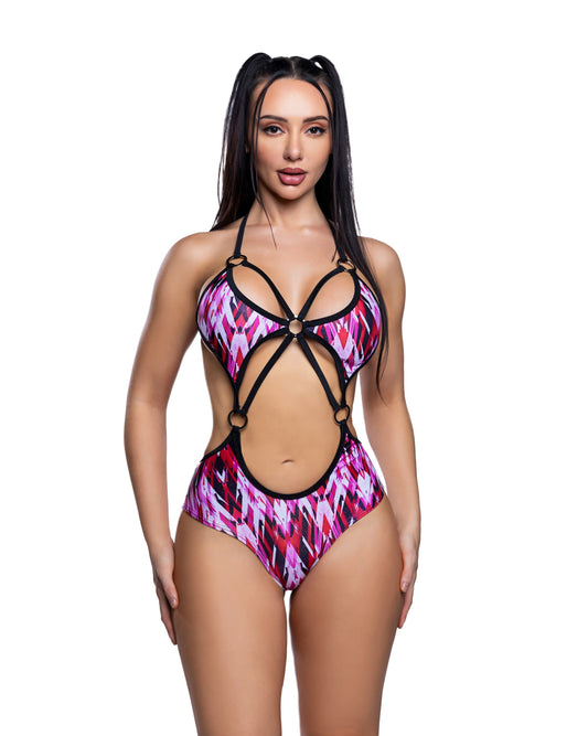Refracted Red/Black 5 Ring Cutout Rave Bodysuit for rave looks