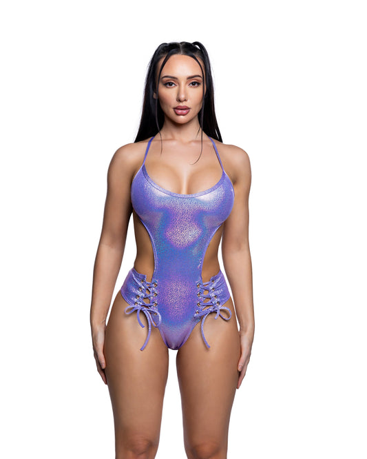 Lavender Lace-Up Festival Bodysuit in lace for rave looks