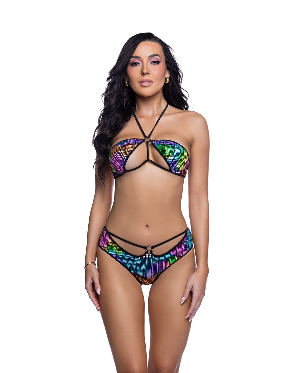Rainbow Studded Ring Top & V-Cut Short Rave Set