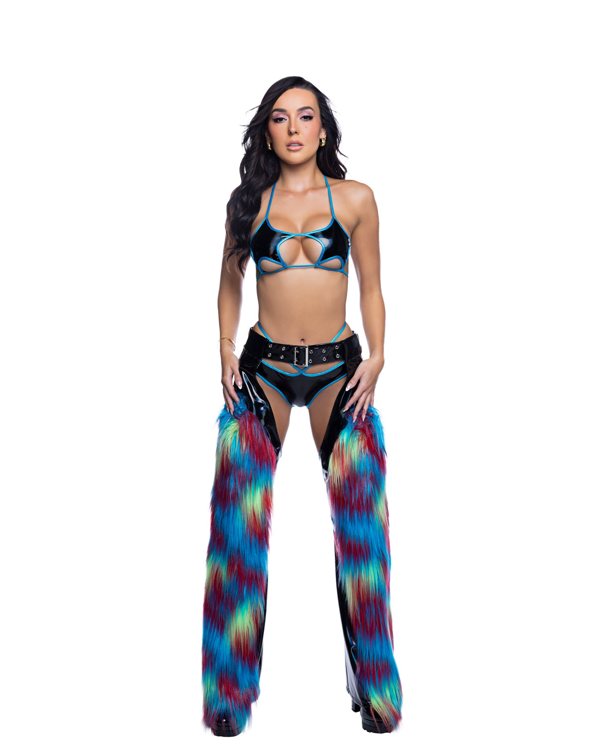 PVC & Rainbow Faux Fur Belted Festival Chaps